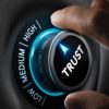 Man fingers setting trust button on highest position. Concept image for illustration of high confidence level.