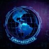 A digital globe featuring the Americas with infographic annotations and the phrase "Cybersecurity" underneath it. The globe is also sorrounded with a generic electronics blueprint.